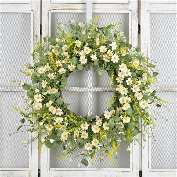 24 Inches Artificial Daisy Flower Wreath with Eucalyptus Leave Silk Flower - Picture 6 of 8